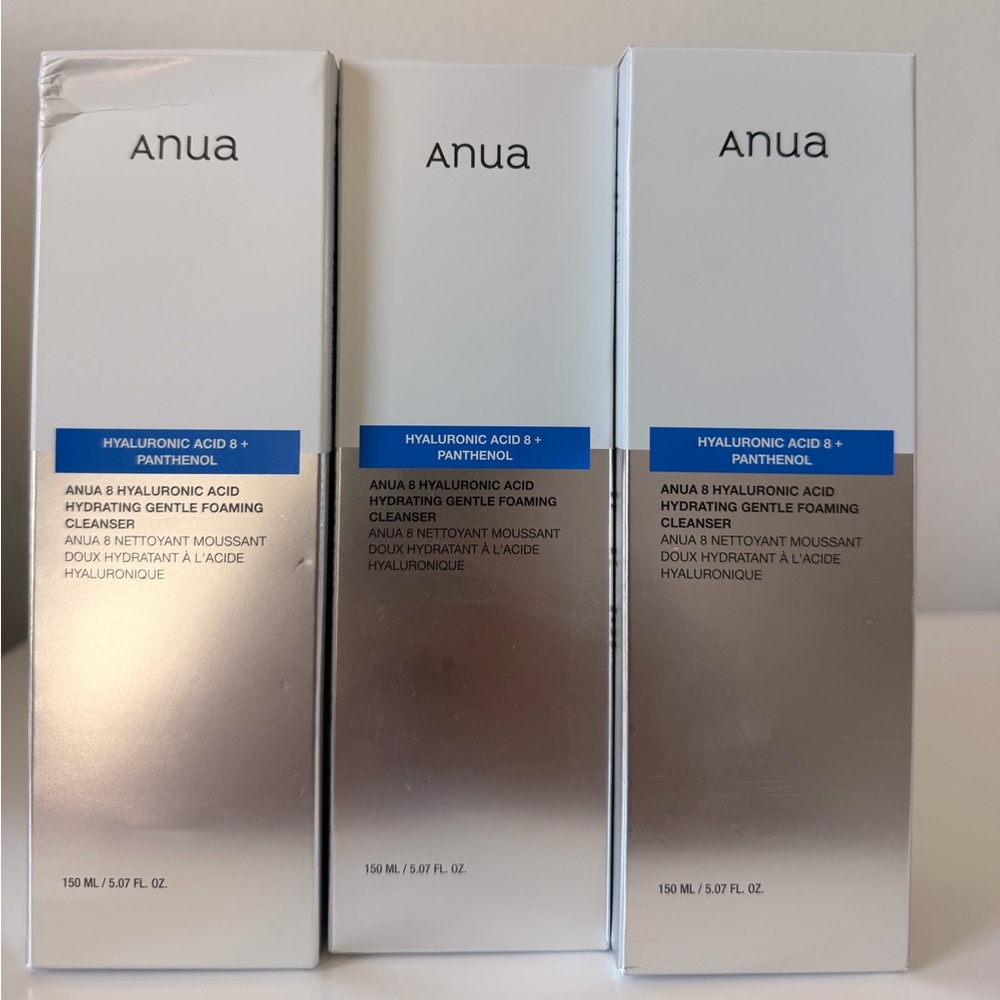 3pcs Anua Hyaluronic Acid Hydrating Gentle Foaming Cleanser — White & Silver